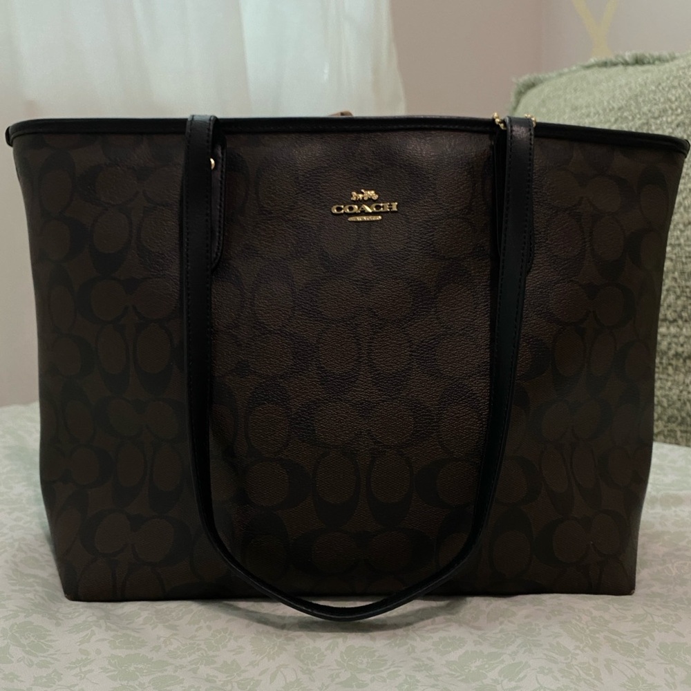 Coach City Zip Tote | Brown & Black Signature Canvas | Leather Trim | GUC - Picture 2 of 13